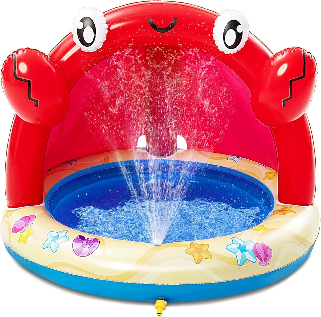 Inflatable Crab Sprinkler Pool with Canopy for Toddlers, Outdoor Summer Water Play Toy