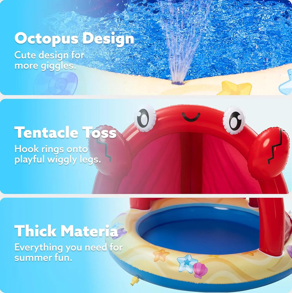 Inflatable Crab Sprinkler Pool with Canopy for Toddlers, Outdoor Summer Water Play Toy